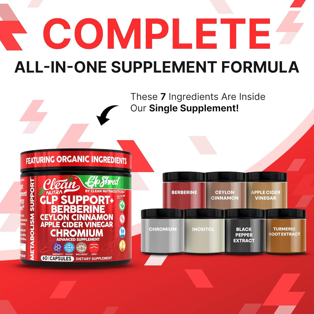 GLP1 Supplement Berberine Ceylon Cinnamon Apple Cider Vinegar Chromium Turmeric PCOS Supplements Immunity & Metabolism Support 60 Vegan Capsules by Clean Nutra