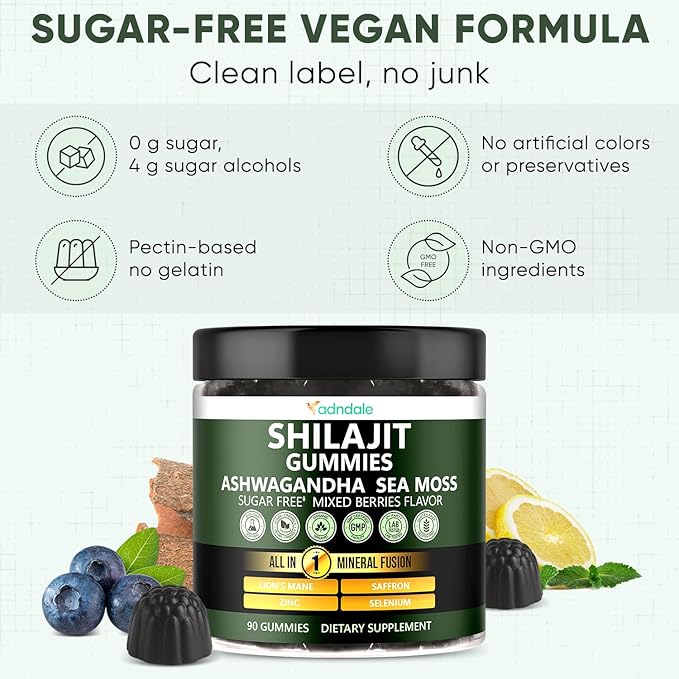 Adndale Himalayan Natural Shilajit Gummies for Men & Women, Sugar-Free Mixed Berries Flavor - with Ashwagandha, Sea Moss, Lion’s Mane & Saffron + Zinc & Selenium - 90 Gummies (45 Servings)