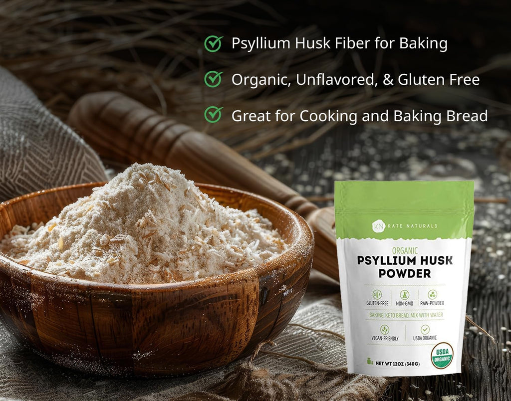 Kate Naturals Psyllium Husk Powder for Baking, Fiber & Digestion. Psyllium Seed Powder for Dogs & Cats (12oz, Organic, Gluten Free, Pet Safe)