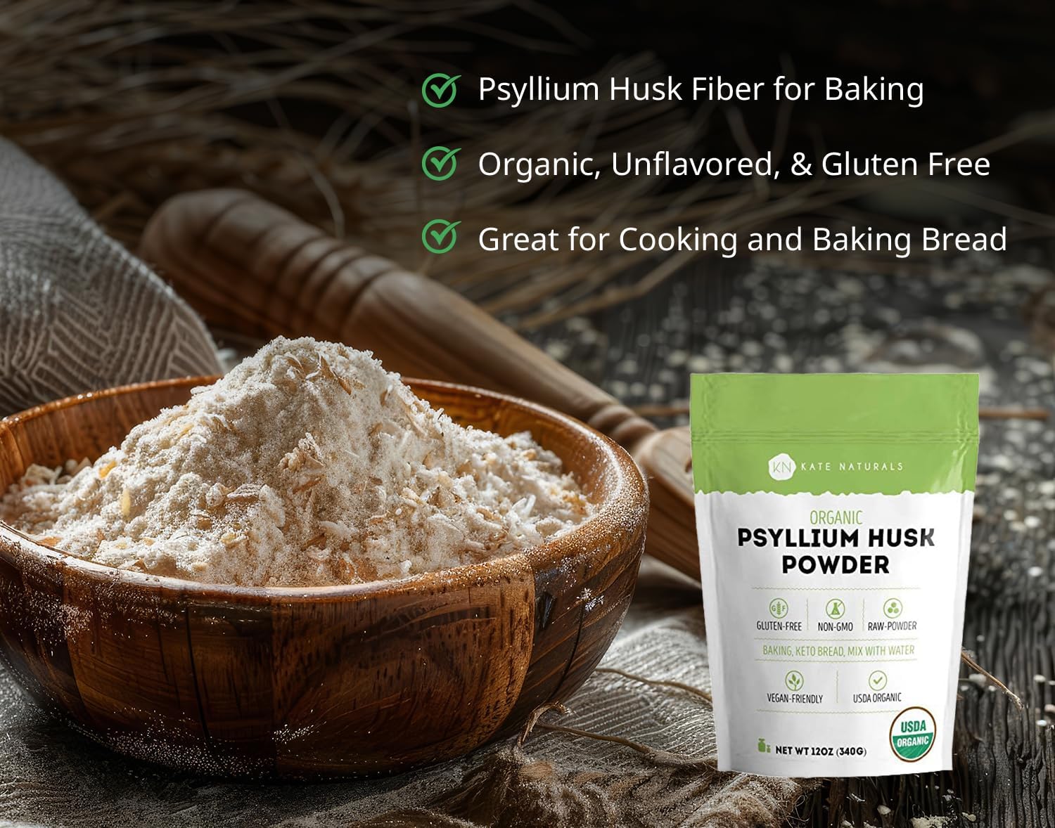 Kate Naturals Psyllium Husk Powder for Baking, Fiber & Digestion. Psyllium Seed Powder for Dogs & Cats (12oz, Organic, Gluten Free, Pet Safe)