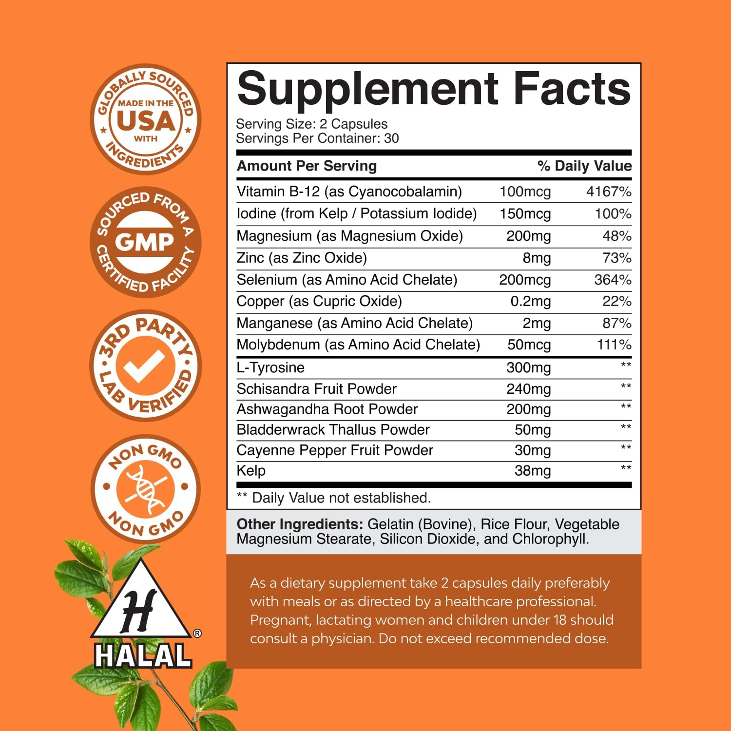Herbal Thyroid Support Complex - Potent Kelp Iodine Supplement with L Tyrosine, Bladderwrack, Selenium & Pure Ashwagandha for Hormone Balance - Mood & Energy Dietary Pills - 60 Capsules