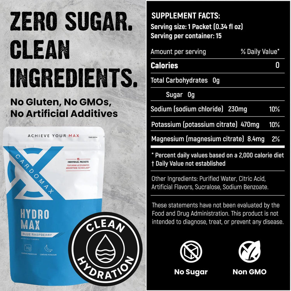 CardoMax Hydromax Electrolyte Drink Mix – Blue Raspberry 15 Liquid Packets with Potassium & Magnesium – Zero Sugar, Keto & Vegan Electrolytes for Hydration