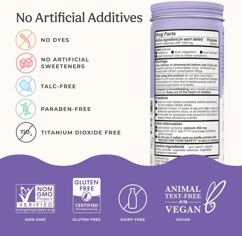 Wonderbelly Antacid Effective Heartburn and Instant Acid Indigestion Relief Extra Strength Chewable Tablets 1000 mg Calcium Carbonate No Talc or Dye Wild Berry 50 count