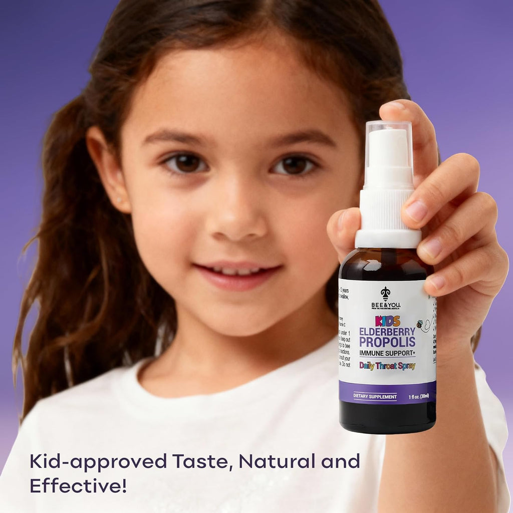 Bee and You, Kids Immune Support Supplement Throat Spray, Elderberry, Raw Honey, Propolis Extract, Vitamin C, Strawberry Juice, Antioxidants, Sore Throat Relief, 1 fl. Oz