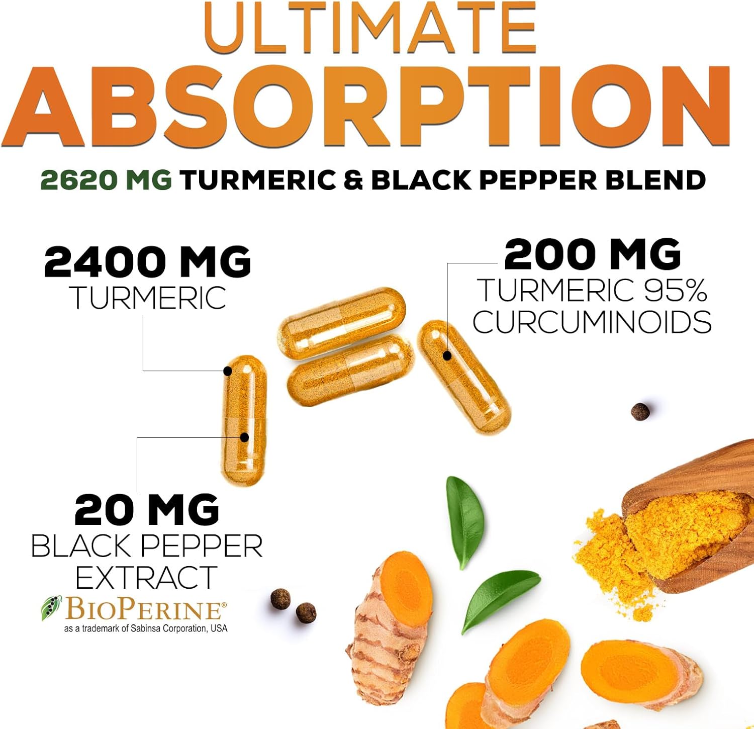 Turmeric Curcumin Supplement with BioPerine 95% Curcuminoids 2600mg with Black Pepper for Best Absorption, Bottled in USA, Best Natural Vegan Joint Support, Nature's Non-GMO Tumeric - 240 Capsules