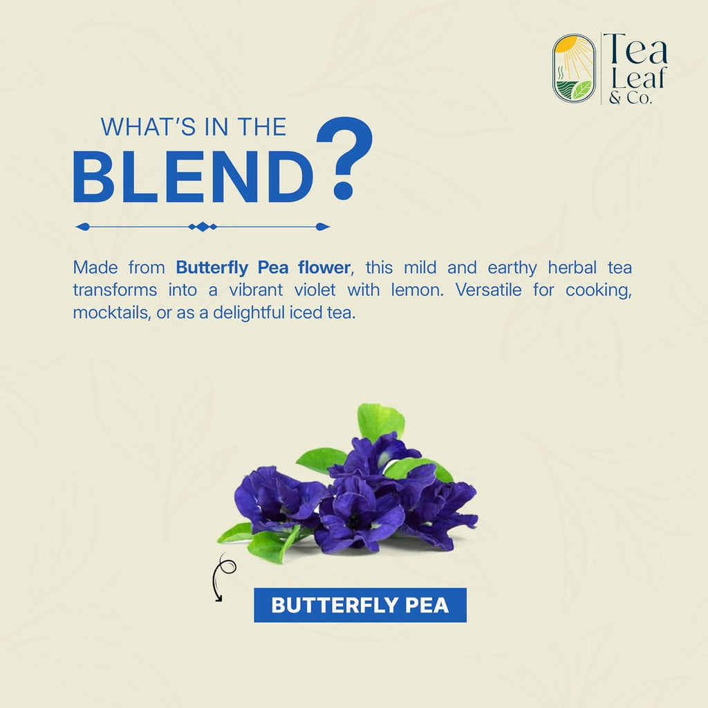 Tealeaf & Co. Butterfly Pea Herbal Tea Bags Blended with Fresh Herbs - Herbal Tea with Butterfly Pea Flower - Contains Low Caffeine - Gluten Free - 50Teabags (3.52oz/100gm)