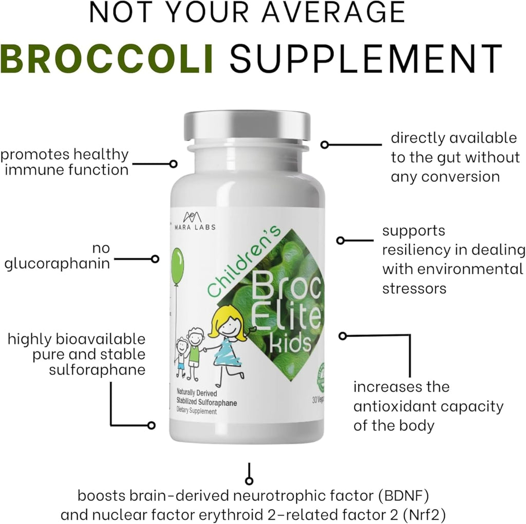Mara Labs Kids | Broccoli Supplement w/Naturally Stabilized Sulforaphane Extract for Children | No Glyphosate Residue | 30 Vegan Capsules