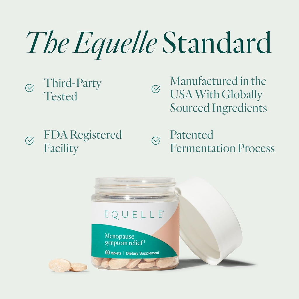 EQUELLE Multi-Symptom Menopause Relief Supplement for Women, Plant-Based S-Equol, Non-Hormonal & Non-Prescription, Fewer Hot Flashes, More Sleep, Relieves Muscle Aches, 60 Tablets
