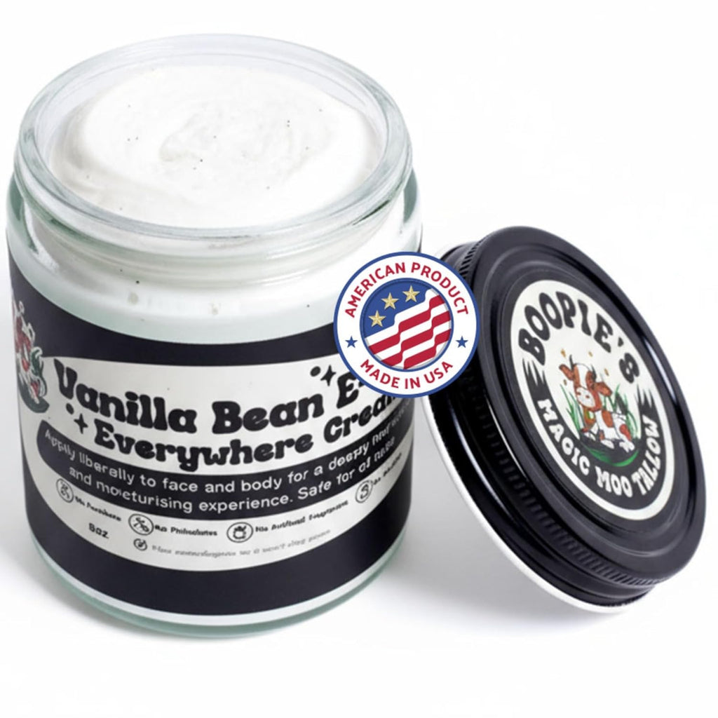 Magic Moo Tallow Vanilla Bean E-Moo Moisturizing Everywhere Cream with Organic Emu Oil. For acne, stretch marks, eczema, hyrdation, dry skin & more.