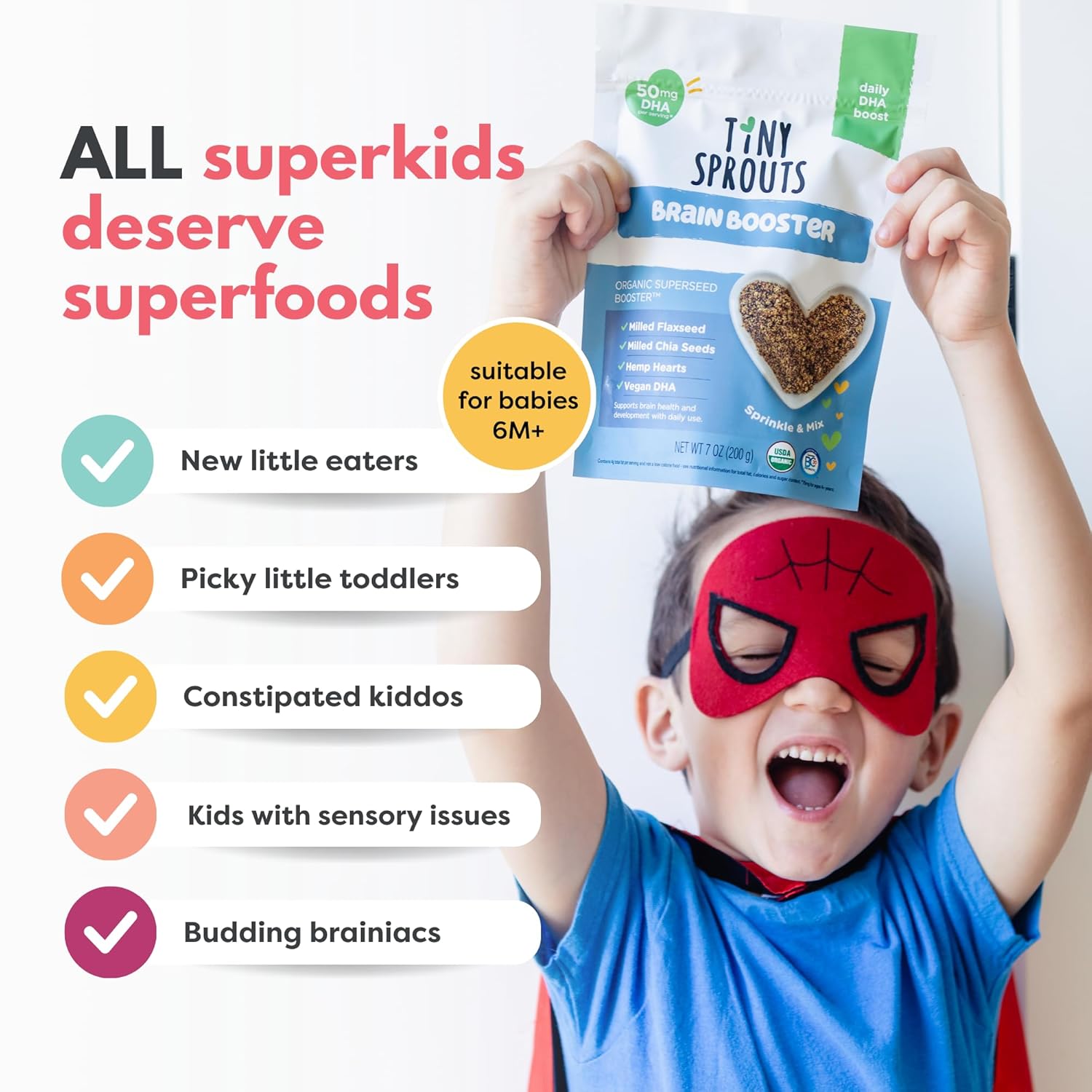 Organic Digestion Booster (Apple & Cinnamon) & Brain Booster - Milled Chia Seed, Milled Flaxseed and Hemp Hearts with Vitamin D, DHA, Probiotics for 6M+ Babies Toddlers & Kids (7oz x 2 Pack)
