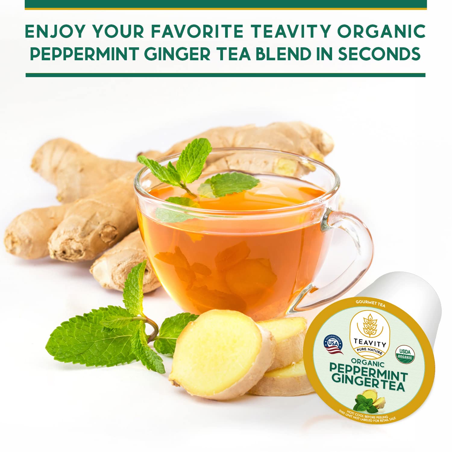 Teavity Organic Peppermint Ginger Tea Pods for Keurig - Decaf, 24 Count