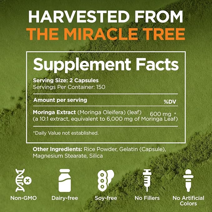Gya Labs Moringa Capsules - 300 Capsules - Pure Moringa Powder for Energy, Skin, Immune & Gut Health - Green Superfood from Moringa Leaf Powder - Non-GMO, Additive-Free