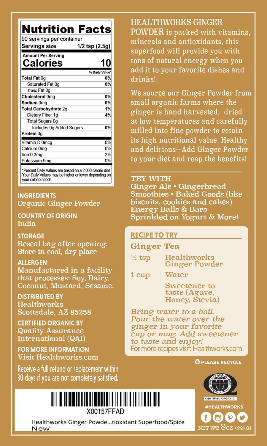Healthworks Superfoods Organic Ginger Powder - 8 Oz - Ground, Raw & All-Natural - Keto, Vegan - Great with Coffee, Tea & Juices - Superfood/Spice