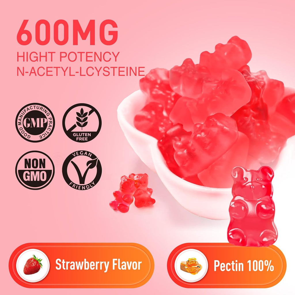 NAC Gummies 600mg, N Acetyl Cysteine Supplement NAC Chewable for Antioxidants & Immune Support, Lung & Liver Health, Natural Strawberry Flavor, 120ct