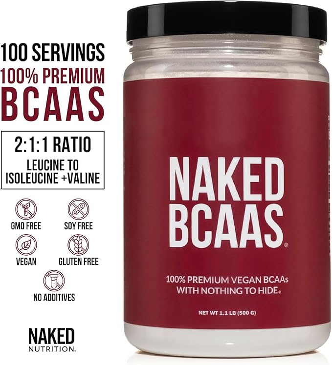 NAKED BCAAs Amino Acids Powder, Only 1 Ingredient, Pure 2:1:1 Formula, Vegan Unflavored Branched Chain Amino Acids, Instantized All Natural BCAA Supplement - 500 Grams, 100 Servings