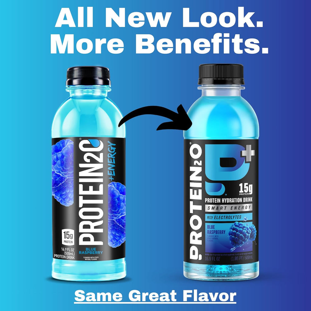 Protein2o 15g Whey Protein Isolate Hydration Drink Plus Energy & Focus, 350mg of Electrolytes, 125mg of Caffeine, Sugar Free, Blue Raspberry, 16.9 oz Bottle (Pack of 12)