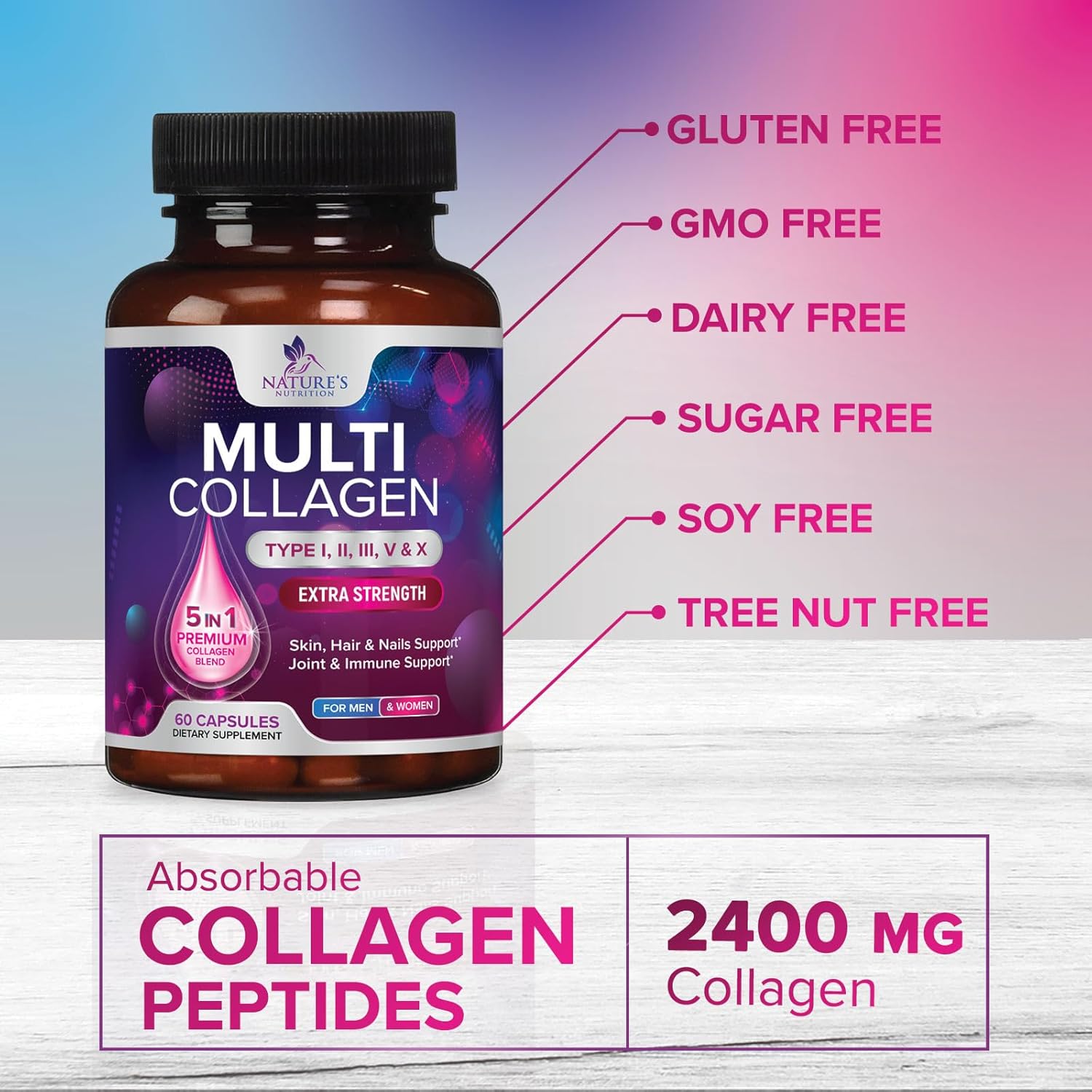 Multi Collagen Supplement 2400 mg - Types I, II, III, V & X Multi Collagen Peptides Pills for Women & Men, Hydrolyzed Collagen Supplements, Hair, Skin, Nail, & Joint Support Supplement - 60 Capsules