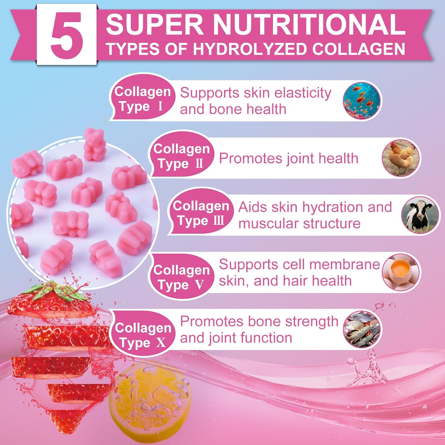 Multi Collagen Peptides Gummies, Type I, II, III, V, X - Hydrolyzed Collagen Peptides with Biotin, Hyaluronic Acid, Supports Healthy Skin, Strong Nails & Thick Hair, 60 Count, 1 Pack