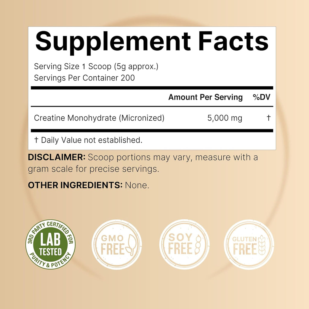 NatureBell Creatine Monohydrate Powder 1,000g, 5,000mg Per Serving | Micronized, Pure & Unflavored | Pre-Workout Muscle Support | Keto, Vegan, Filler-Free | 200 Servings (2.2 lb)
