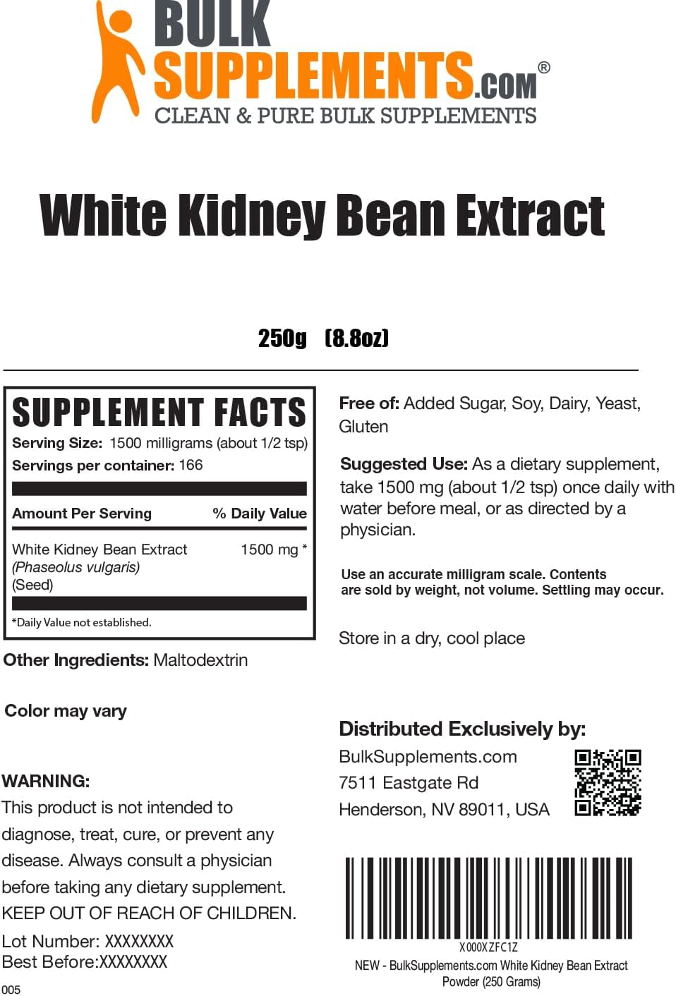 BulkSupplements.com White Kidney Bean Extract Powder - White Kidney Bean Powder - Herbal Supplement - Gluten Free, 1.5g per Serving, 250g (8.8 oz) (Pack of 1)