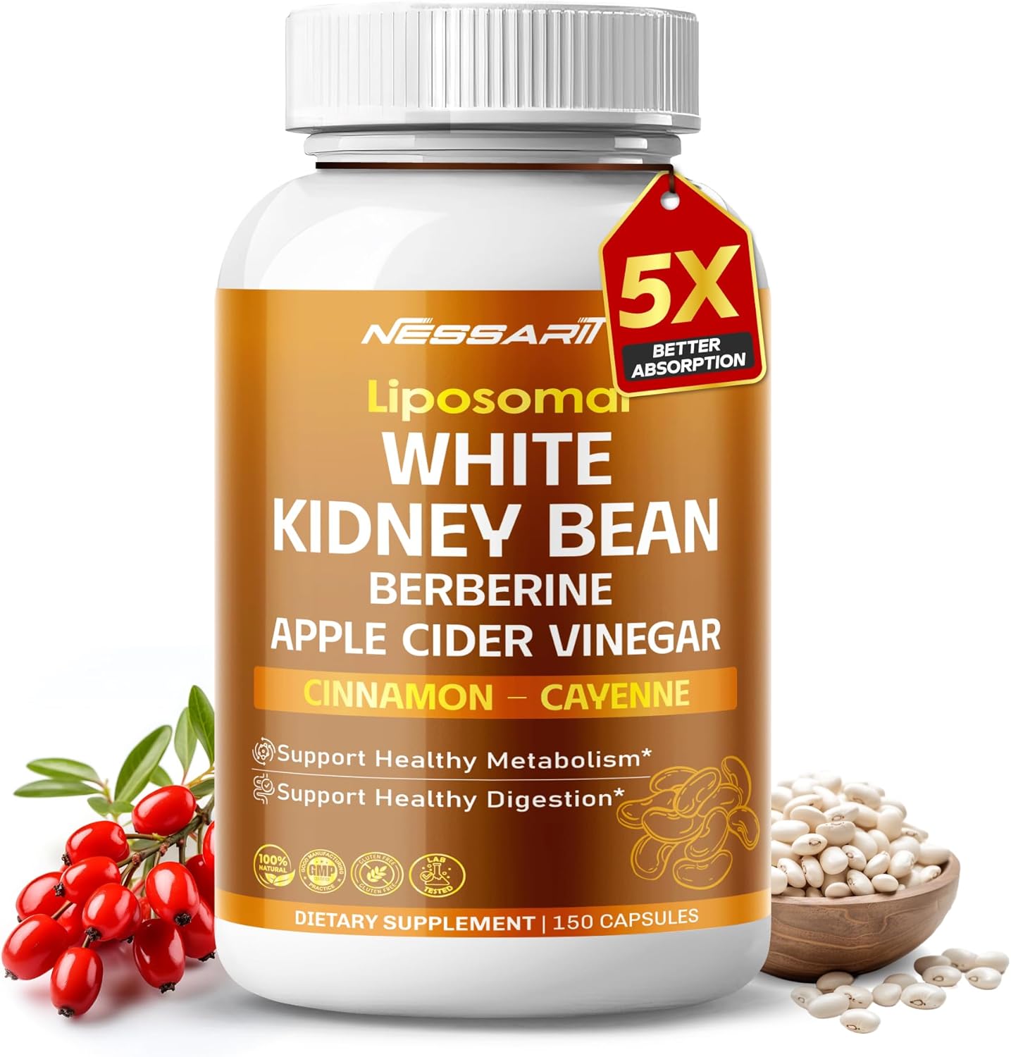 White Kidney Bean, Berberine, Apple Cider Vinegar, Cinnamon & Cayenne – Support Metabolism & Healthy Digestion – 150 Capsules