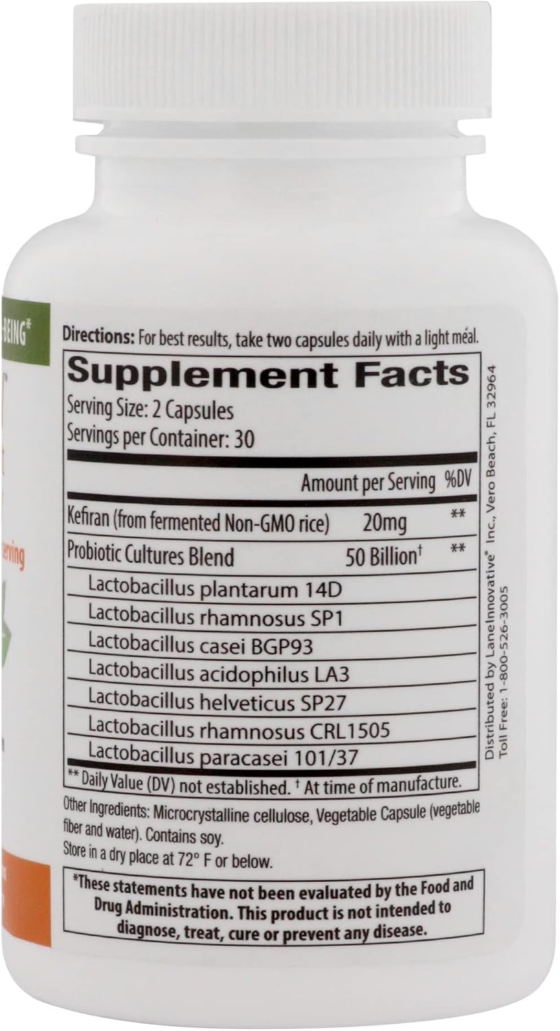 Lane Innovative - Kefiran, Vegetable Capsules, Kefir Nutrient + 50 Billion Active Probiotic Cultures, Supports Optimal Digestive Health, Gluten-Free (30 Servings)