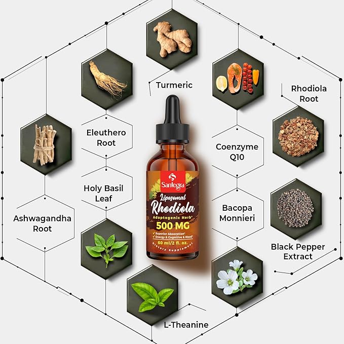 57,000 MG Liposomal Active Rhodiola Rosea Supplement with Ashwagandha, Liquid for High Absorption, Rhodiola Rosea Root Extract Tincture for Energy, Stress, Mood, Vegan, Sugar & Gluten-Free, 180 ml