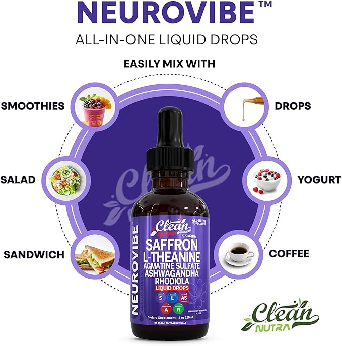 Saffron Supplements Liquid Drops L-Theanine Agmatine Sulfate Ashwagandha Magnesium Glycinate B6 Magnesium Stress Relief Mood Support 5-HTP GABA Supplement Vitamin D 4oz by Clean Nutra