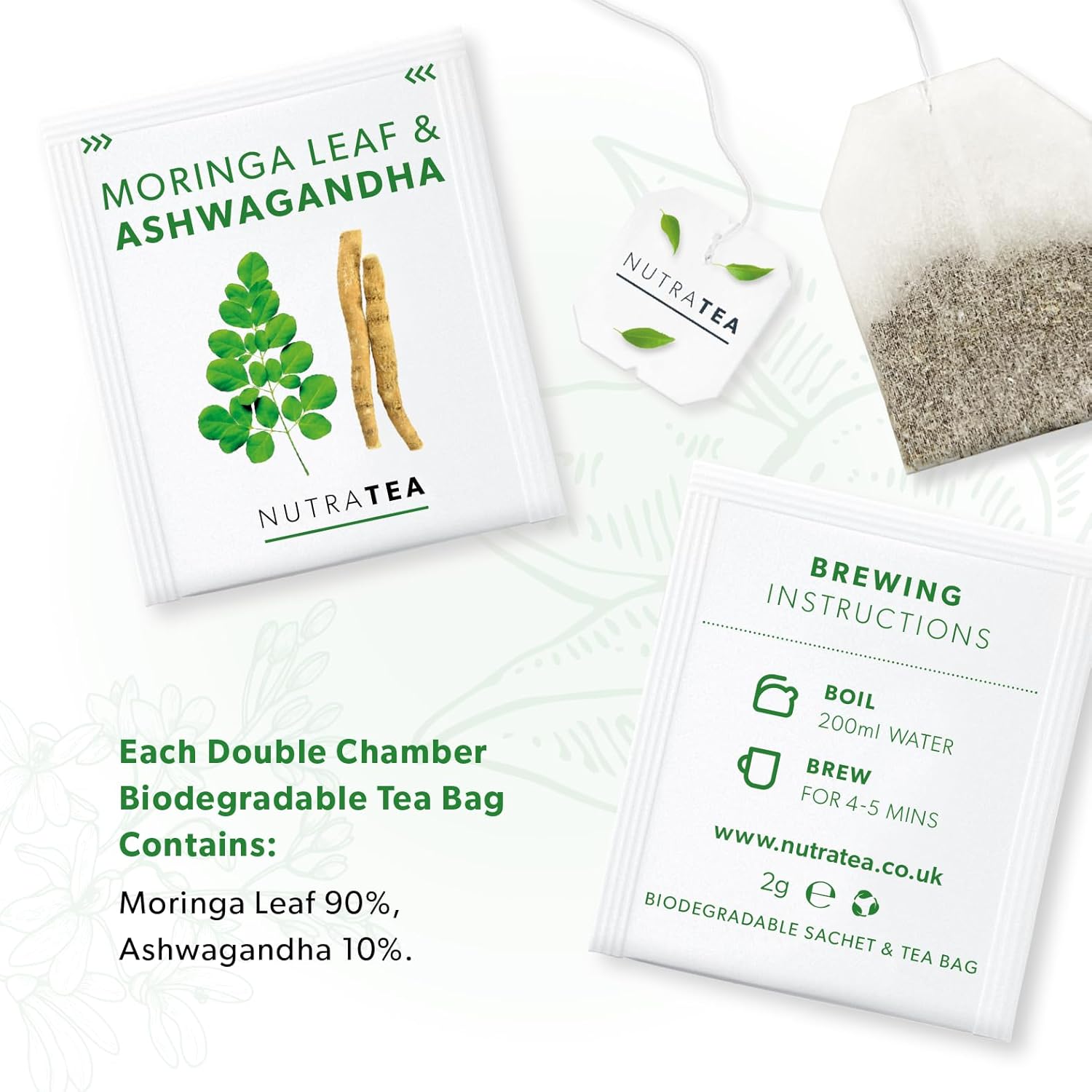 Nutra Tea - Moringa Leaf & Ashwagandha – Moringa Tea Bags, Ashwagandha Tea Bags - For Mood Support and Stress Relief - 120 Individually Wrapped Bags - Herbal Infusion (6 Pack)