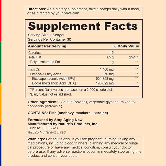 Stop Aging Now - Omega 3 Fish Oil Supplement - with EPA and DHA- 30 Softgels