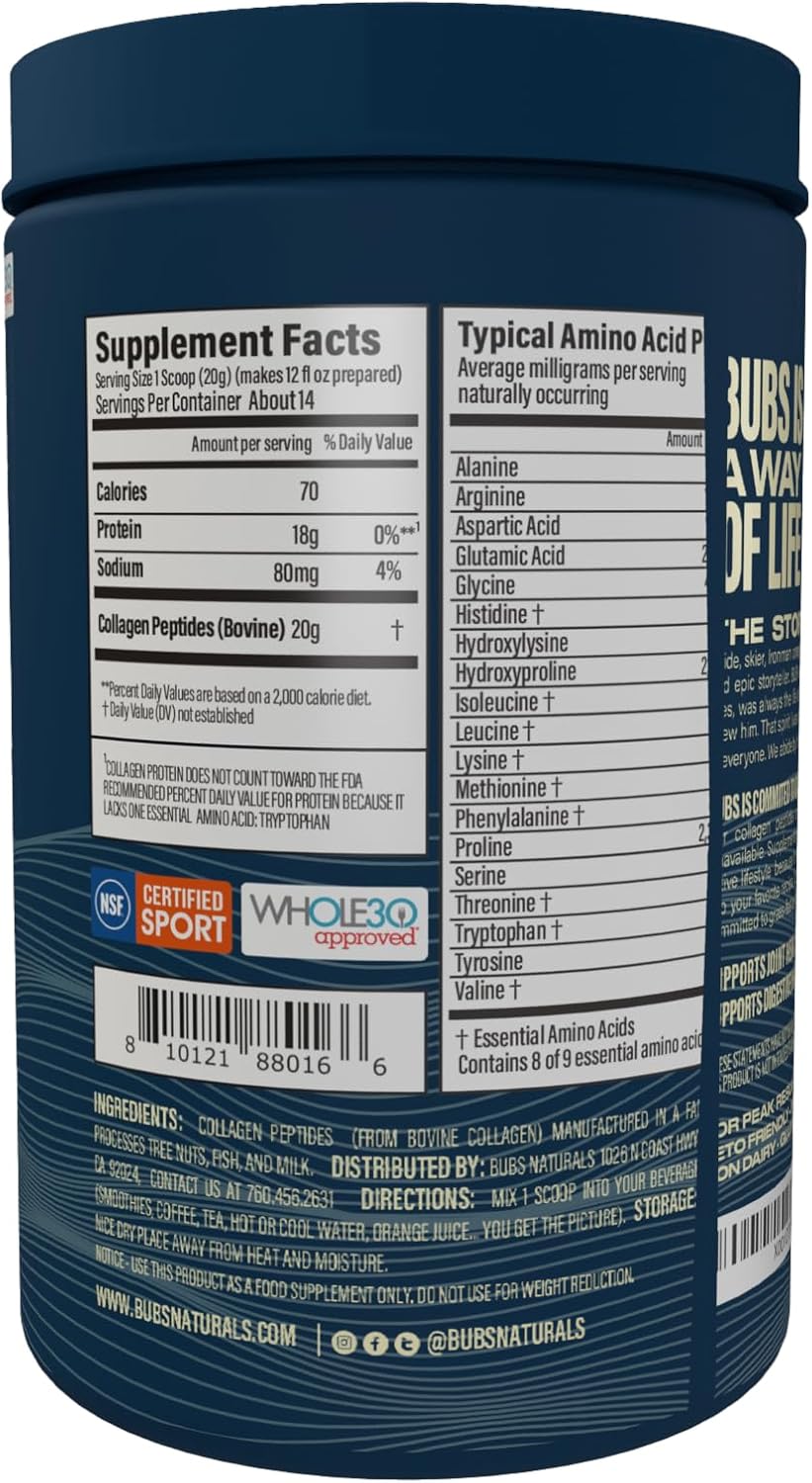 BUBS Naturals Unflavored Collagen Peptides Powder, Best Proteins for Joints & Skin, Pasture Raised Grass Fed, Paleo and Keto Friendly, Whole30 Approved, Non-GMO Dairy & Gluten Free, 10oz, 14 Servings