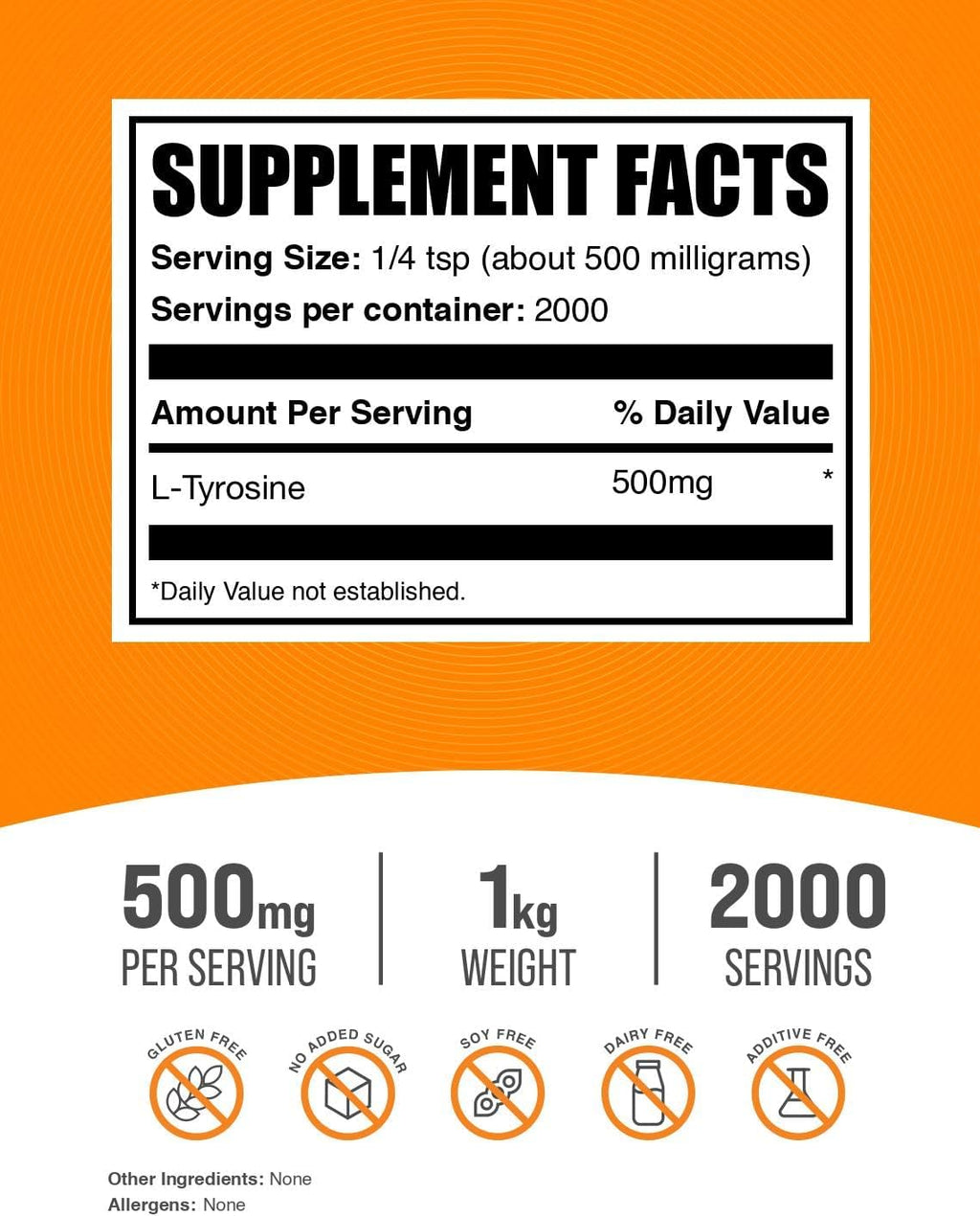 BulkSupplements.com L-Tyrosine Powder - Sports Nutrition, Amino Acid Supplement - Unflavored & Gluten Free, 500mg per Serving, 1kg (2.2 lbs) (Pack of 1)