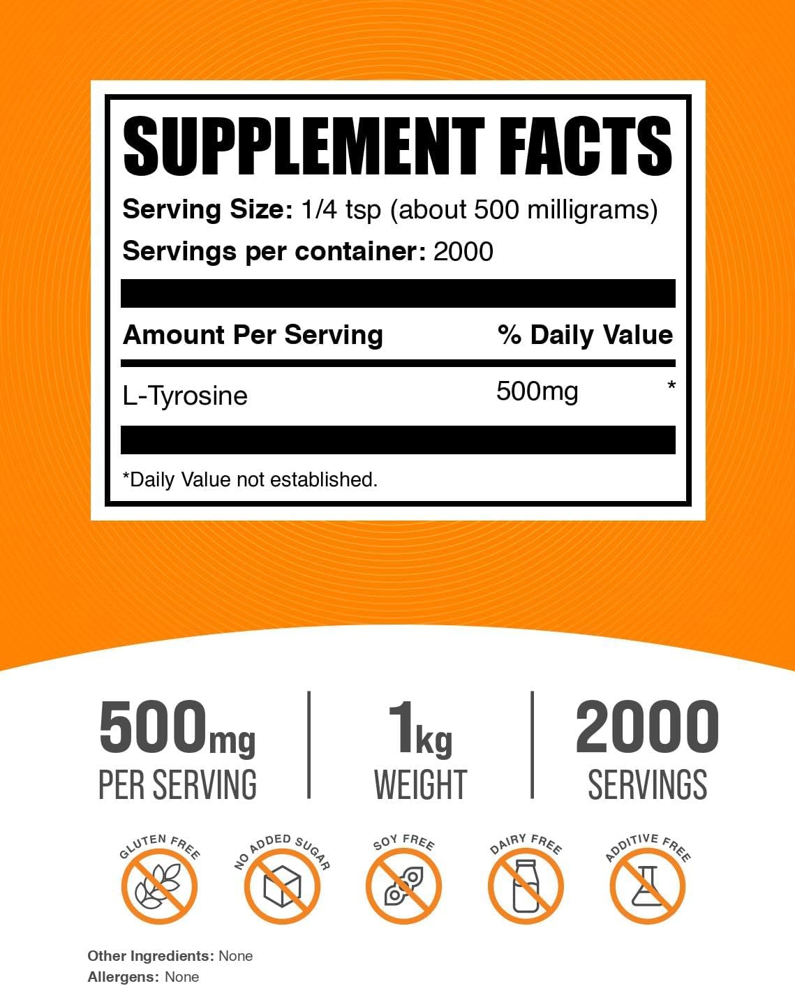 BulkSupplements.com L-Tyrosine Powder - Sports Nutrition, Amino Acid Supplement - Unflavored & Gluten Free, 500mg per Serving, 1kg (2.2 lbs) (Pack of 1)