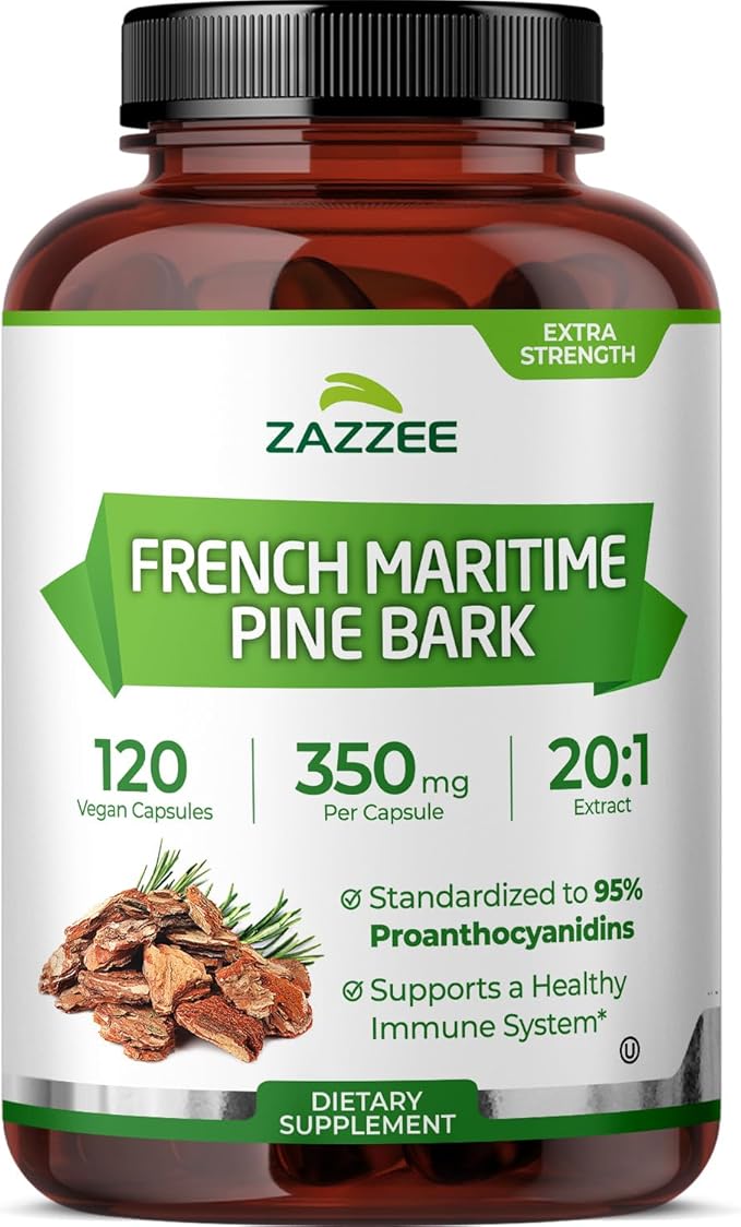 Zazzee Extra Strength French Maritime Pine Bark 20:1 Extract, 350 mg Per Capsule, 120 Vegan Capsules, 95% Proanthocyanidins, Kosher, 4 Month Supply, Standardized 20X Extract, Non-GMO, Made in The USA