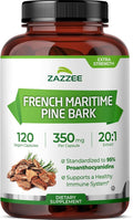 Zazzee Extra Strength French Maritime Pine Bark 20:1 Extract, 350 mg Per Capsule, 120 Vegan Capsules, 95% Proanthocyanidins, Kosher, 4 Month Supply, Standardized 20X Extract, Non-GMO, Made in The USA