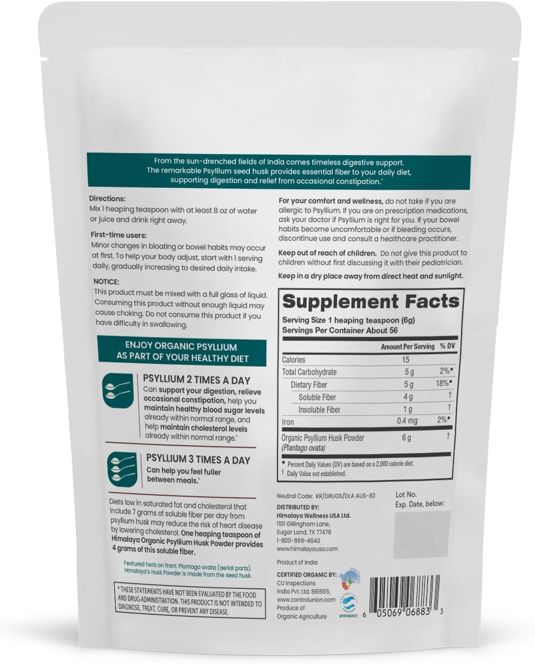 Himalaya Organic Psyllium Husk Powder, Daily Dietary Fiber Supplement, Regularity, Appetite Management, USDA Certified Organic, Non-GMO, No Artificial Colors, Unflavored, 56-Teaspoon Supply, 12 Oz