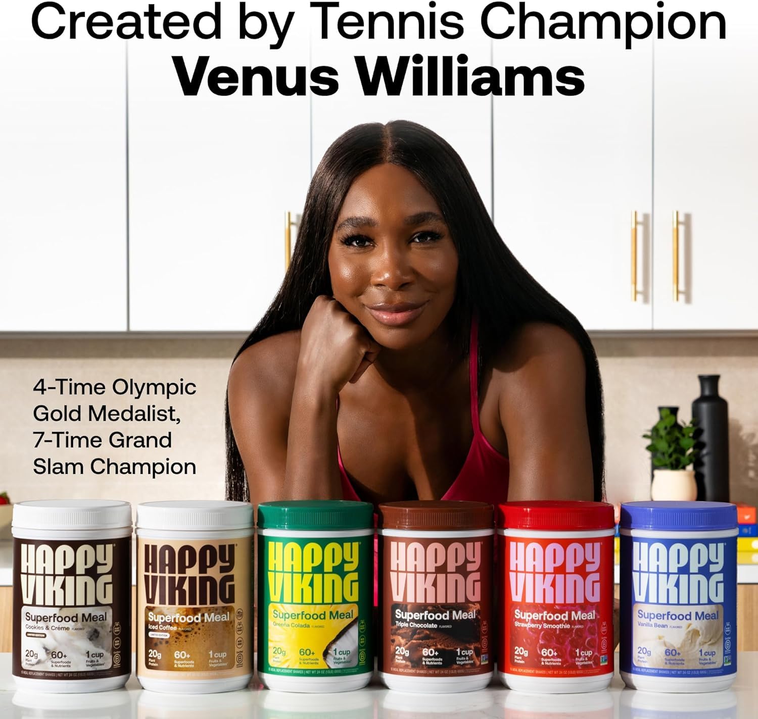 Happy Viking Strawberry Smoothie Plant Protein Powder, Created by Venus Williams, 20G Protein, Low Carb, Keto, Vegan, Gluten-Free, Non-GMO, Superfoods, Complete Meal Replacement, 8 Single Serve Packs
