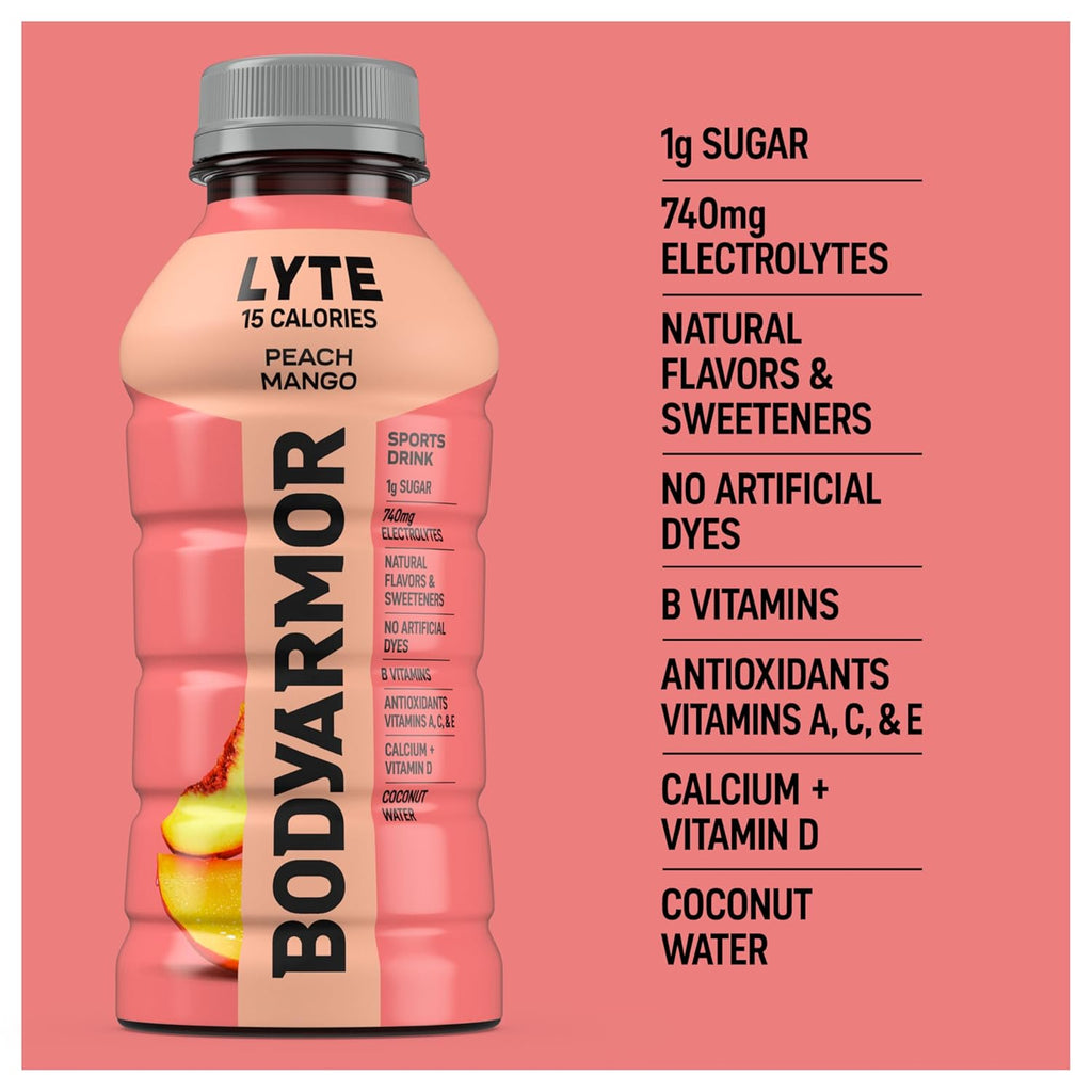 BODYARMOR LYTE Sports Drink Low-Calorie Sports Beverage, Peach Mango, Coconut Water Hydration, Natural Flavors With Vitamins, Potassium-Packed Electrolytes, Perfect For Athletes, 12 Fl Oz (Pack of 8)