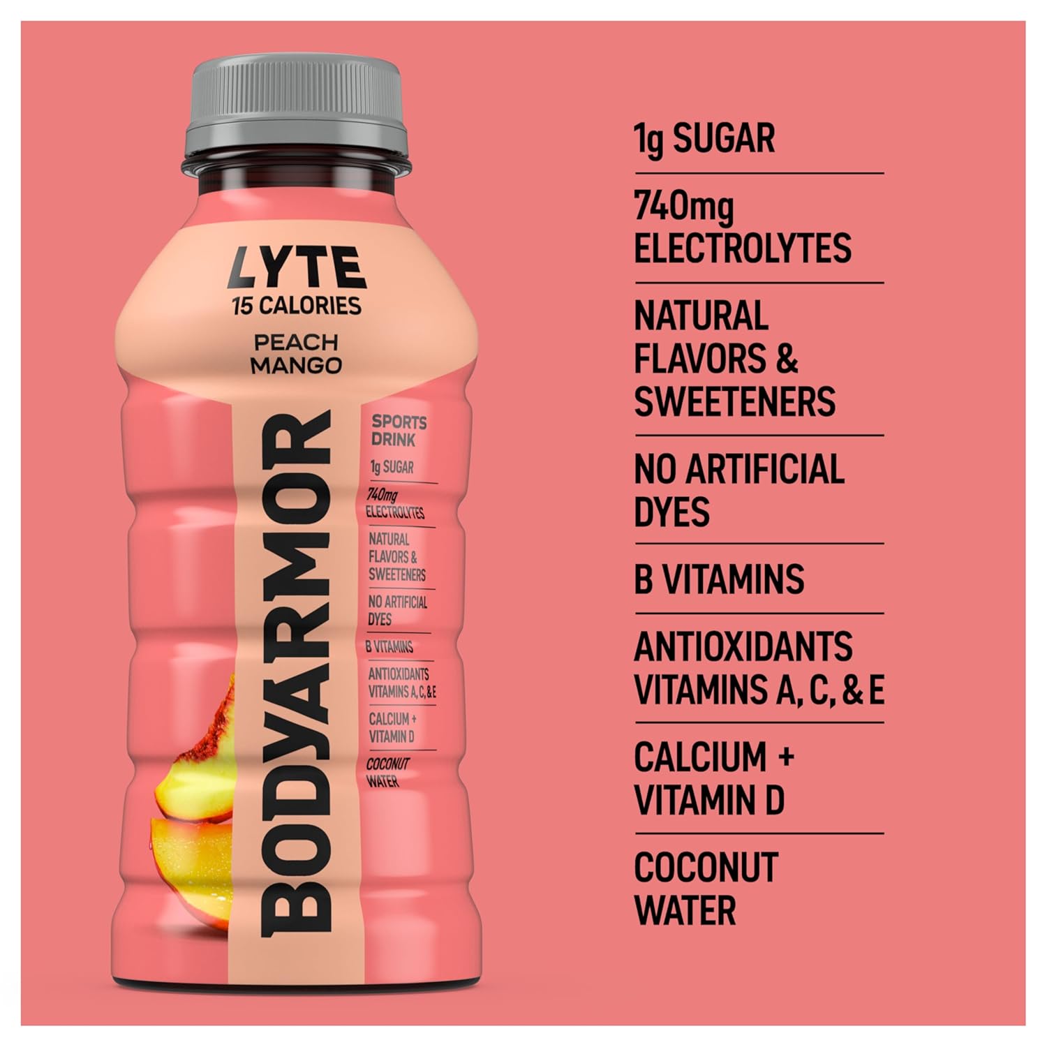 BODYARMOR LYTE Sports Drink Low-Calorie Sports Beverage, Peach Mango, Coconut Water Hydration, Natural Flavors With Vitamins, Potassium-Packed Electrolytes, Perfect For Athletes, 12 Fl Oz (Pack of 8)