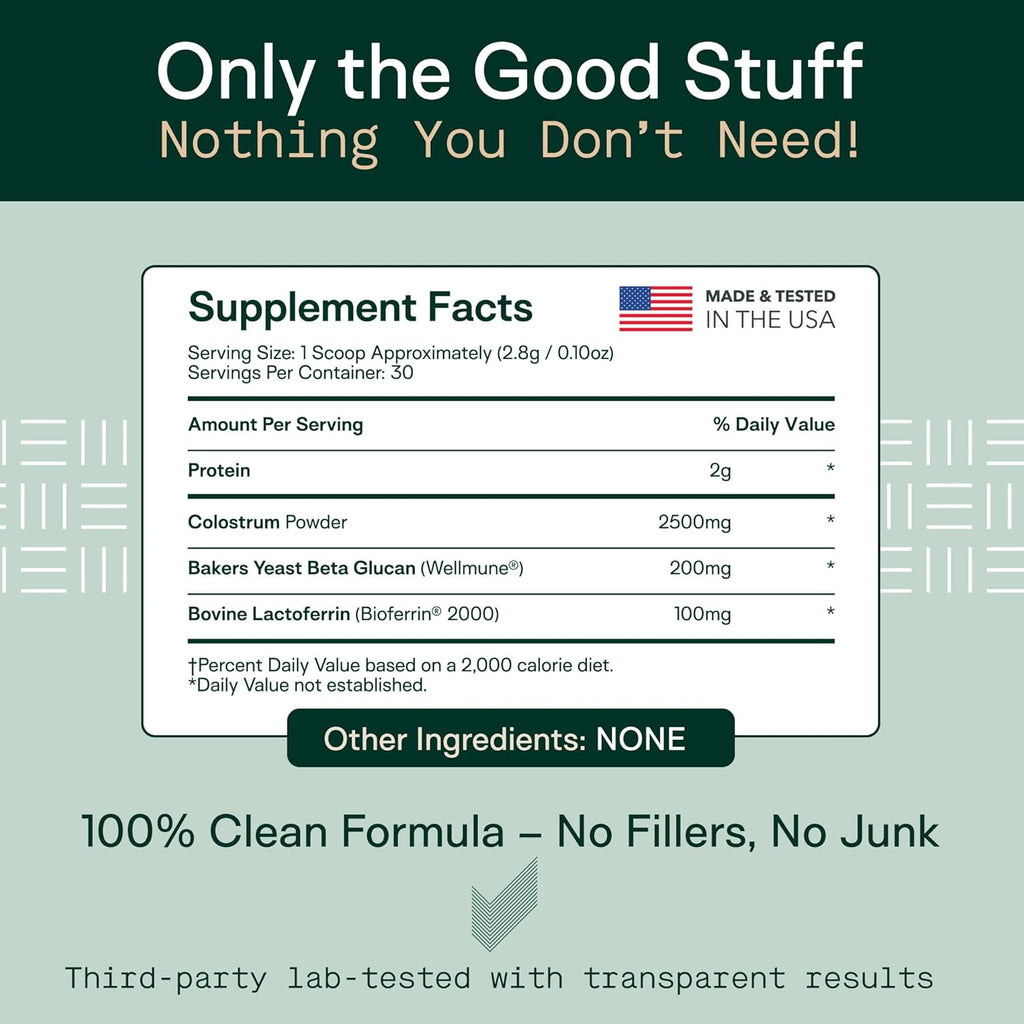 Adapt Naturals Colostrum Supplement with Lactoferrin & Beta-Glucan, Bio-Avail Grass Fed Bovine Colostrum Powder for Gut Health, Immune Support & Vitality | Non-GMO, 2500mg, Unflavored - 30 Days Supply