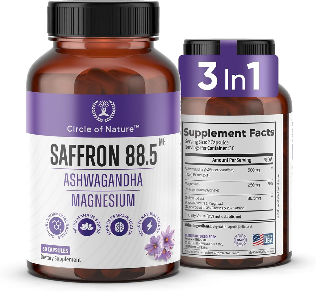 Saffron Supplement 88.5 mg with Ashwagandha & Magnesium Glycinate, Mood, Eye Health & Relaxation, 60 Clean Capsules, Saffron Stigma Extract, Made in USA