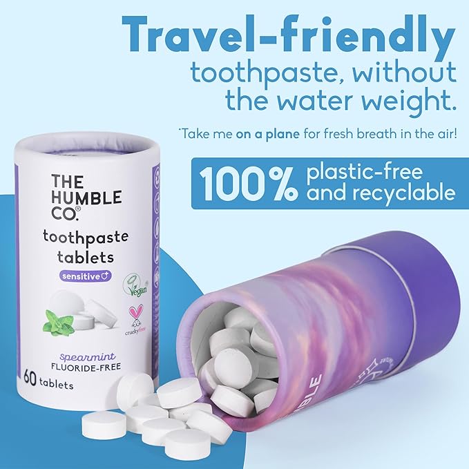 The Humble Co Sensitive Chewable Toothpaste Tablets, Spearmint - Fluoride-Free Toothpaste Tabs for Sensitive Gums & Teeth - Bite, Chew, Brush - Travel-Friendly Dental Oral Care & Hygiene - 180 Count