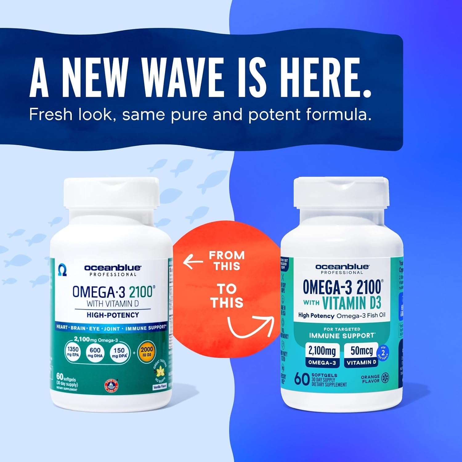 Oceanblue Professional Omega-3 2100 with Vitamin D3 – 120 ct - 2pack – Triple Strength Burpless Fish Oil Supplement with High-Potency EPA, DHA, DPA and Vitamin D3 – Wild-Caught – Orange Flavor