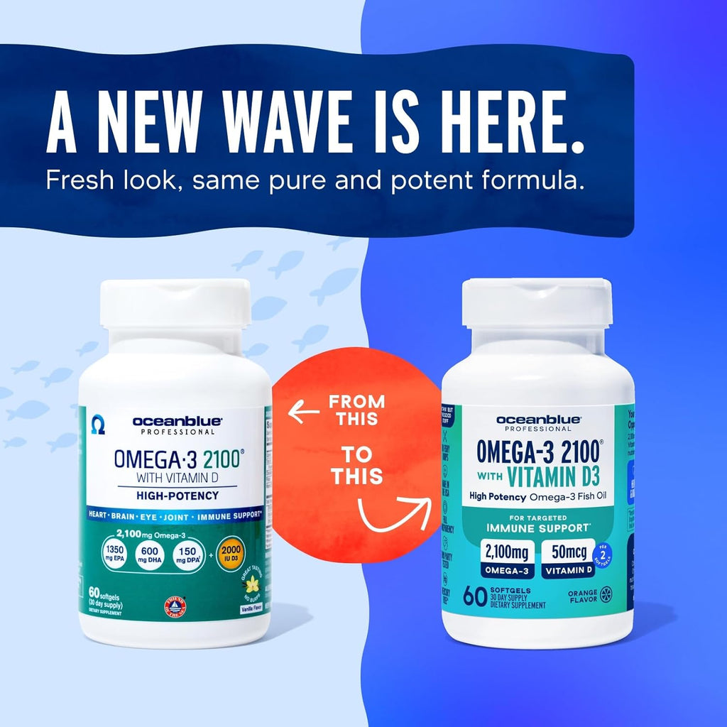 Oceanblue Professional Omega-3 2100 with Vitamin D3 – 60 ct – Triple Strength Burpless Fish Oil Supplement with High-Potency EPA, DHA, DPA and Vitamin D3 – Wild-Caught – Orange Flavor (30 Servings)