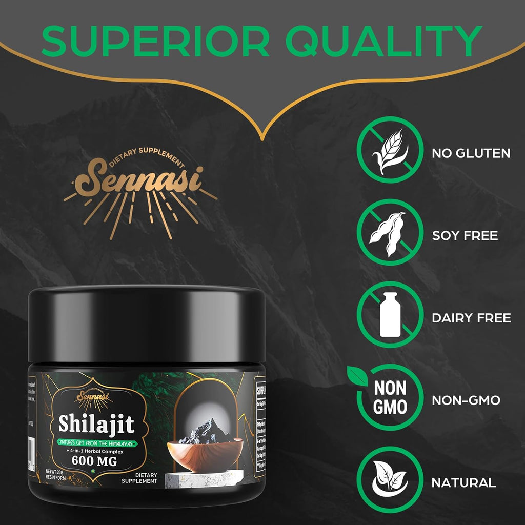 Sennasi 600 MG Shilajit Resin - Shilajit Supplement with Fulvic Acid & 85+ Trace Minerals for Energy, Immunity, Brain Power, 60 Grams