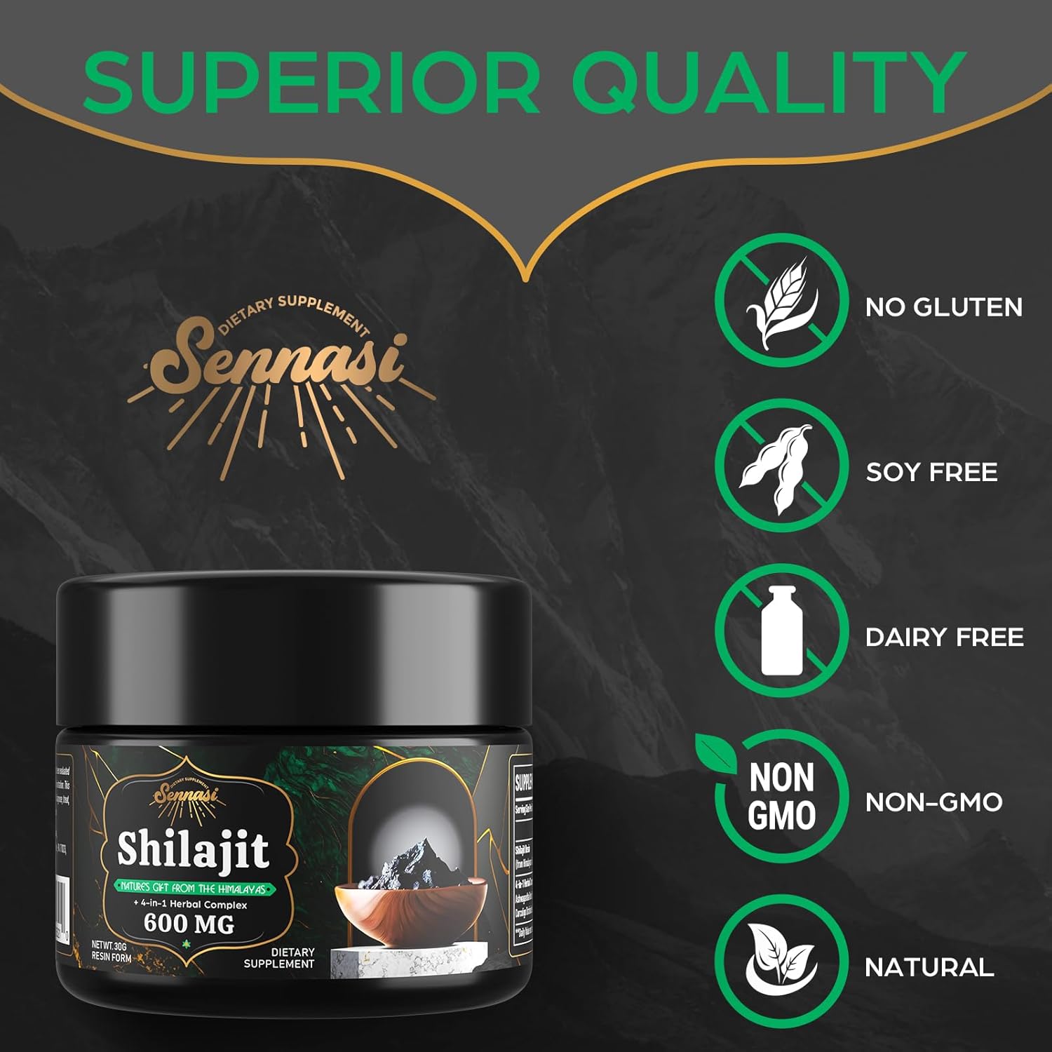 Sennasi 600 MG Shilajit Resin - Shilajit Supplement with Fulvic Acid & 85+ Trace Minerals for Energy, Immunity, Brain Power, 60 Grams