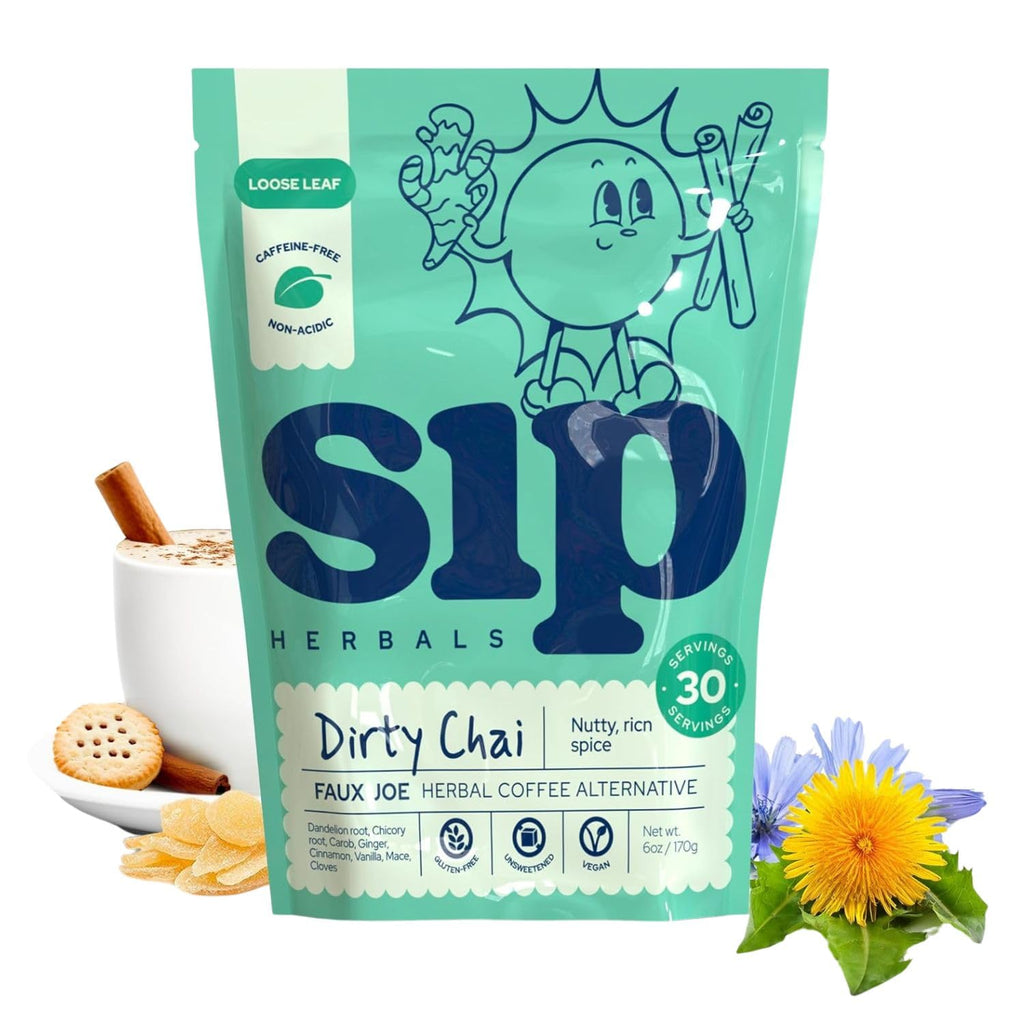 Sip Herbals Dirty Chai Roast Coffee Alternative Loose Leaf - Caffeine-Free Blend with Dandelion Root, Chicory, Cinnamon Clove - Rich Spiced Aroma & Balanced Flavor, As Seen on Shark Tank - 30 Servings