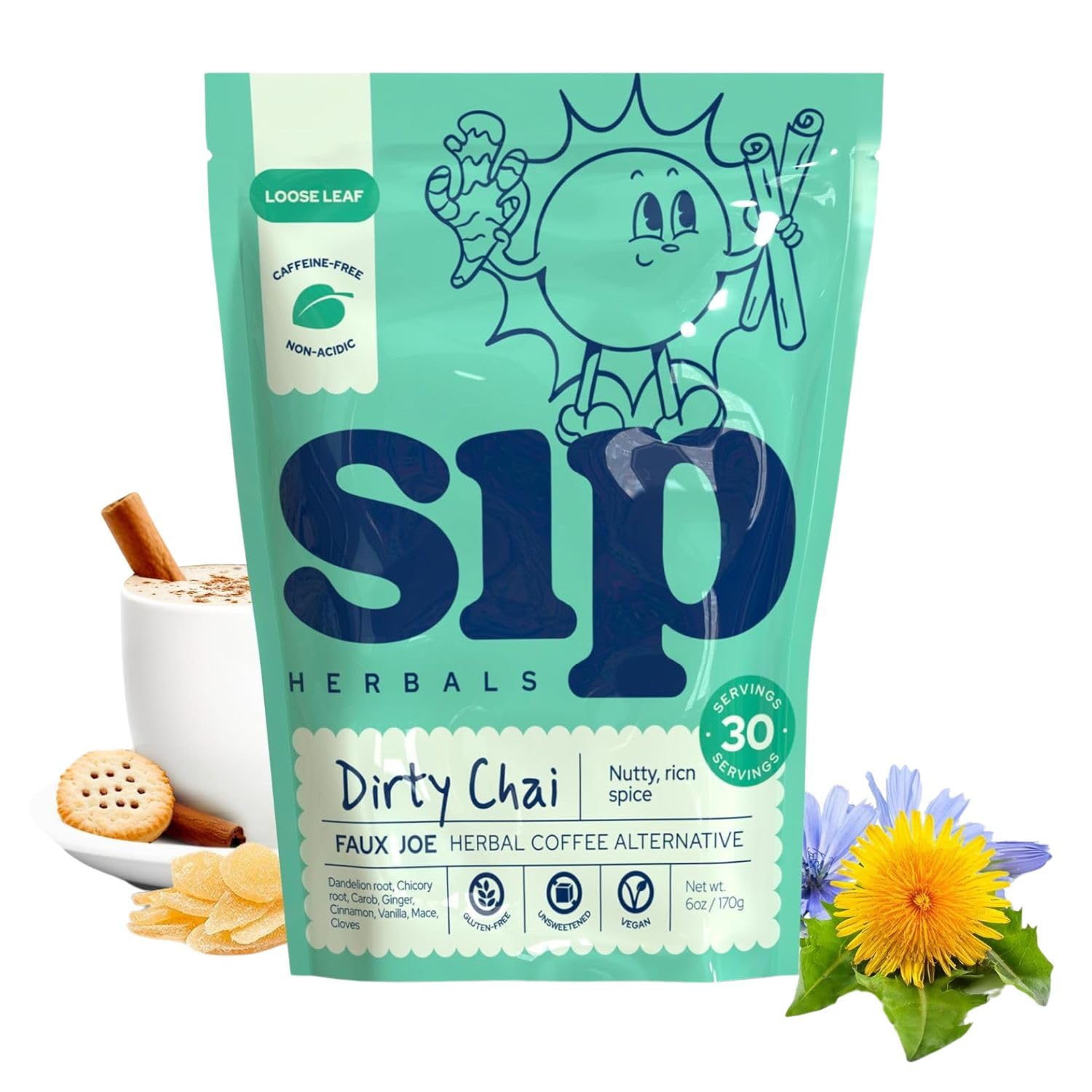 Sip Herbals Dirty Chai Roast Coffee Alternative Loose Leaf - Caffeine-Free Blend with Dandelion Root, Chicory, Cinnamon Clove - Rich Spiced Aroma & Balanced Flavor, As Seen on Shark Tank - 30 Servings