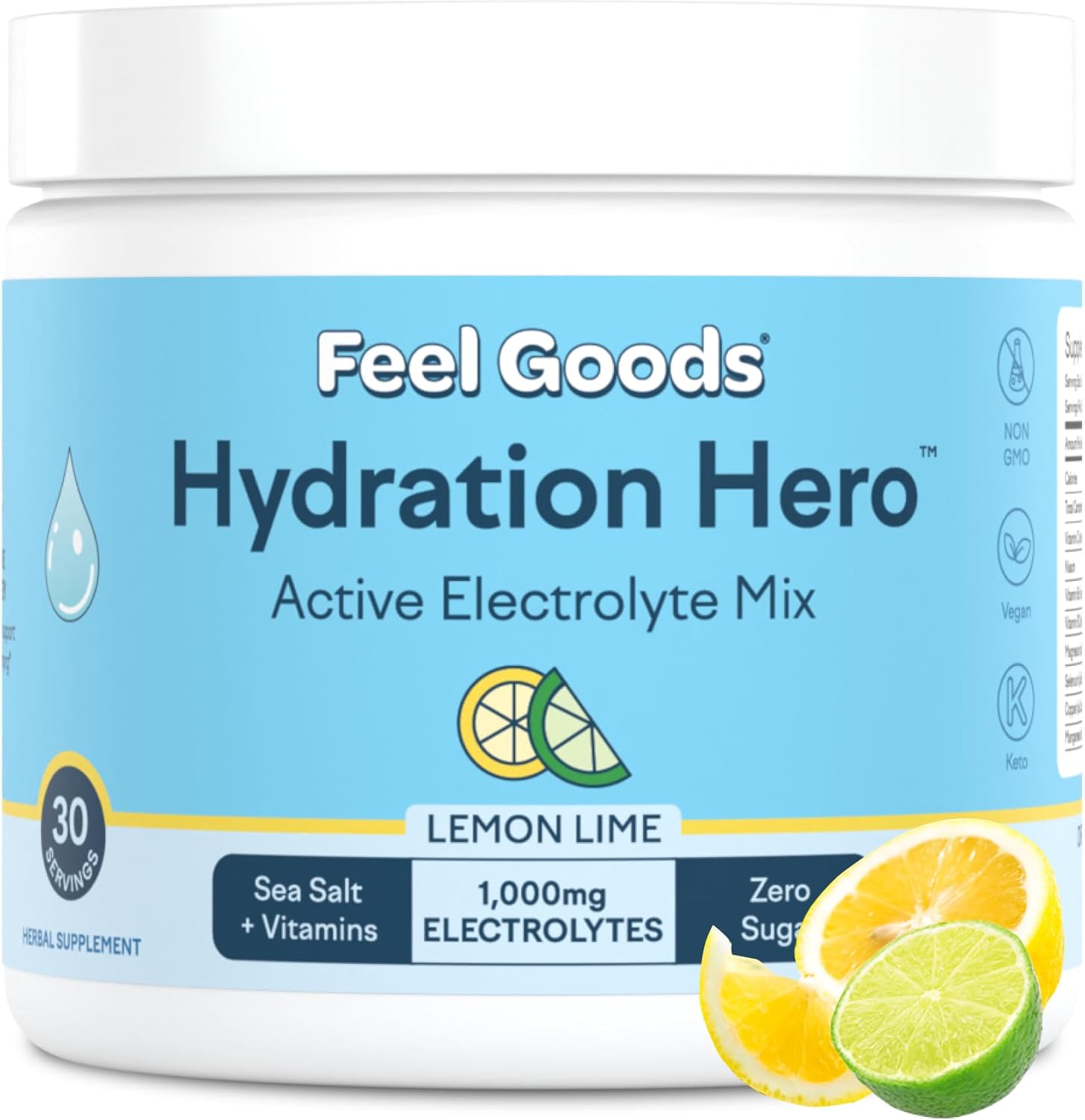Feel Goods Hydration Hero, 1,000mg Electrolytes Powder, Sugar Free, Magnesium, Organic Aloe Vera, Organic Aloe, L Theanine, Vitamin C & B12, Non GMO, Keto, Vegan | Lemon Lime, 30 Servings
