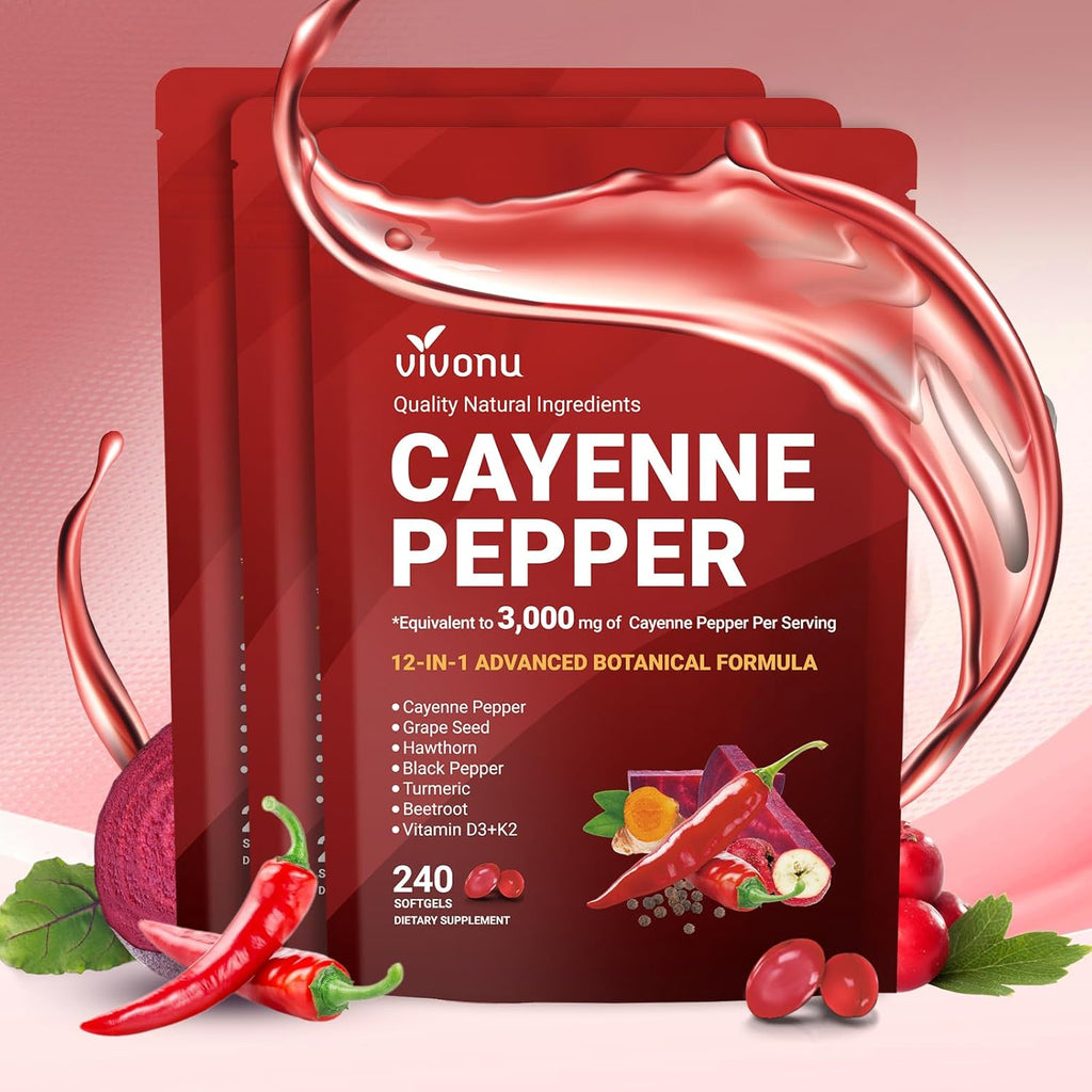 VivoNu Cayenne Pepper Softgels Supplement, Supports Leg Vein, Heart and Blood Vessel Health, with Vitamin E D3+K2 and Extracts of Grape Seed, Hawthorn, Beetroot, Berberine